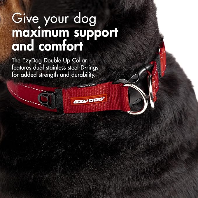 EzyDog Double Up Premium Nylon Dog Collar - Double D-Rings for Superior Strength, Safety, and Comfortability - Non-Rusting and Includes an ID Attachment (Small, Denim)