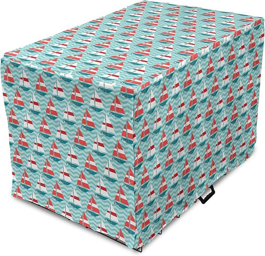 Lunarable Sail Boat Dog Crate Cover, Chevron Zigzag Lines Wavy Ocean Ships Abstract Geometric Summer Season, Easy to Use Pet Kennel Cover for Cats & Medium Dogs, 24 Inch, Teal Dark Coral White