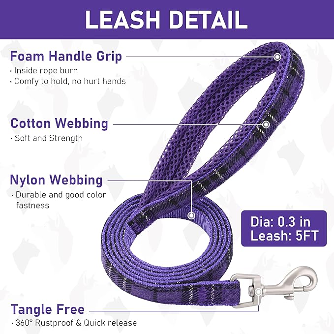 GAMUDA Dog Harness Collar and Leash Set, Dog Harness, No Chock No Pull Adjustable Vest Harnesses Plaid Reflective for Medium Dog, Cat, Small Horse, Small Bull and Pig (Purple, L)