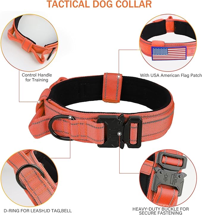 KCUCOP Tactical Dog Collar, Heavy Duty Dog Collar with Handle and Metal Buckle, Military Thick Dog Collars for Medium and Large Dogs(Orange-XL-Reflective, 1 Patch)