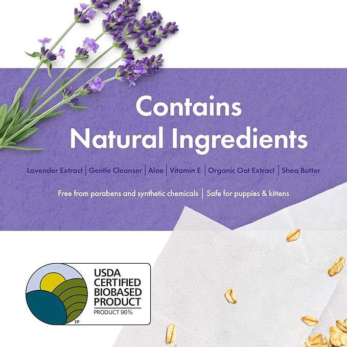 Petkin Plant-Based PetWipes, 200 Wipes, 6 Count - Biobased, Sustainable, Big & Thick Pet Wipes for Dogs & Cats - for Face, Paws, Ears, Body & Eye Area - Consciously Cleans & Conditions - Lavender