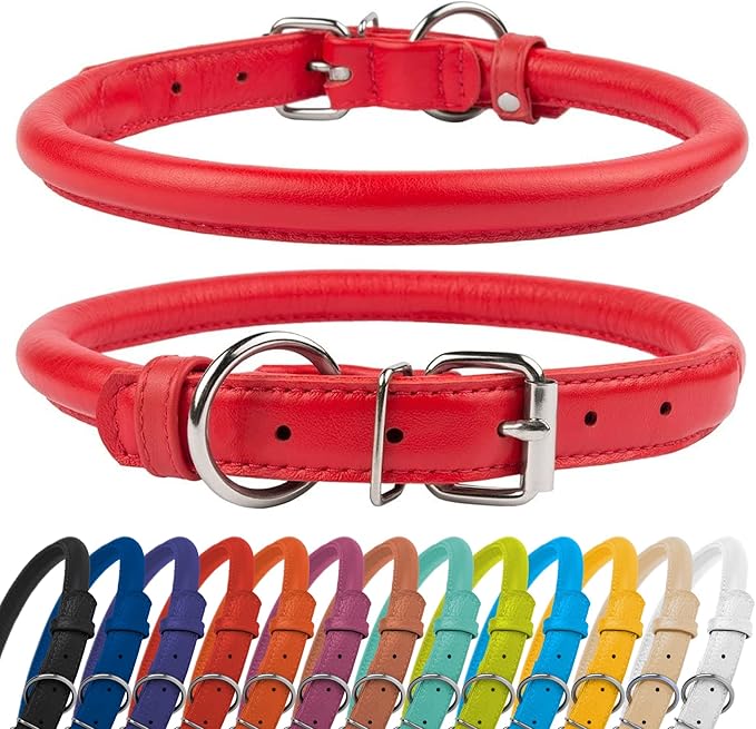 CollarDirect Rolled Leather Dog Collar, Soft Padded Round Puppy Collar, Handmade Genuine Leather Collar Dog Small Large Cat Collars 13 Colors (12-15 Inch, Red Textured)