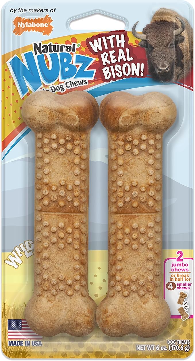 Nylabone Nubz Wild Natural Edible Chew Treats for Dogs, Made in USA, Bison Flavor, Large - Up to 50 lbs. (2 Count)