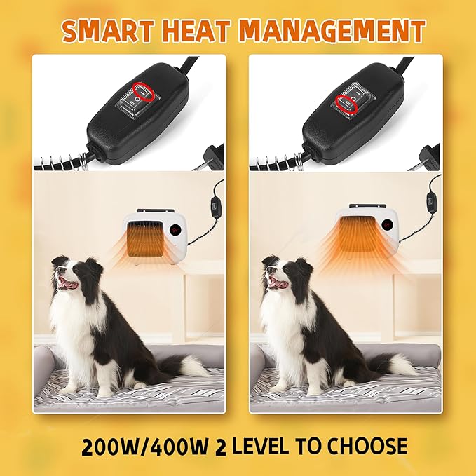 Pet House Heater with Thermostat - 2 Heating Modes (200/400W), 6FT Anti Chew Cord, Overheat Protection - Ideal for Dog Houses, Chicken Coops, Rabbits - Cover Up To 105sft