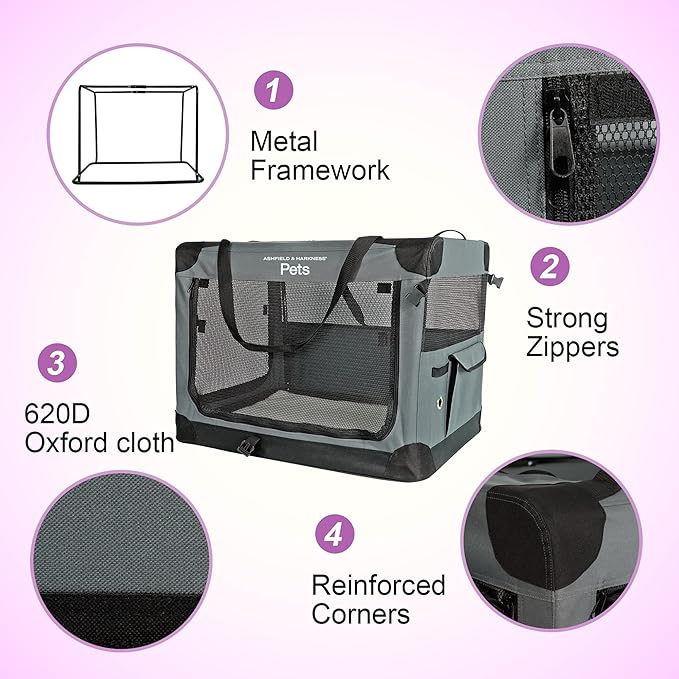 Ashfield & Harkness: Collapsible Soft Dog Crate - 30" - Gray, Sherpa Lined Mat, Durable Mesh Windows, Portable Foldable Pet Kennel, Indoor & Outdoor