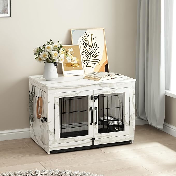 Piskyet Wooden Dog Crate Furniture with 360°Rotatable Removable Dog Bowls, Dog Crate End Table with Tray, Double Doors Dog Kennels for Dogs(M:31.8" L*22.1" W*24.1" H,Marble White)