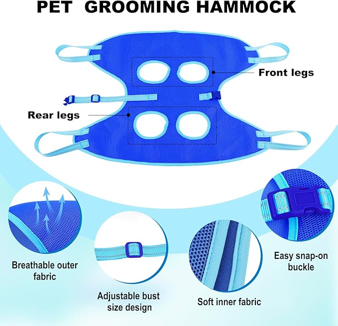Dog Grooming Hammock - Dog Hanging Harness Holder, Cat Hanger Sling Restraint Bag for Nail Trimming/Clipping with Nail Clipper& Nail File (M, Blue)