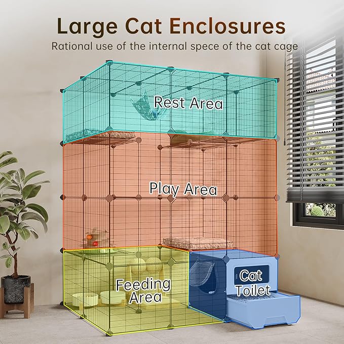 Oneluck Cat Cage with Litter Box, Large 4-Tier DIY Enclosures Detachable Metal Wire Kennel Indoor Crate Exercise Place Ideal for 1-3 Cats