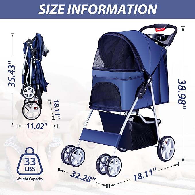 4 Wheels Pet Stroller for Small Medium Dogs Cats 33 lbs, Breathable Foldable Jogger Stroller with Storage Basket, Travel Puppy Stroller for All-Season, Move Pad & Protective Lock, Navy Blue