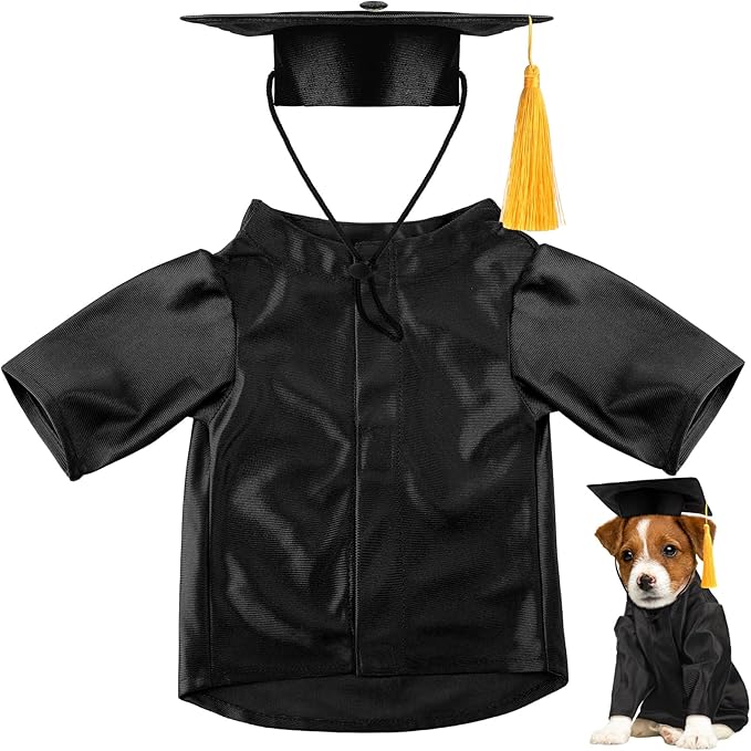 Dog Graduation Cap and Gown 2025 Washable Pet Graduation Costume for Dog Cat Shirt and hat(Black)