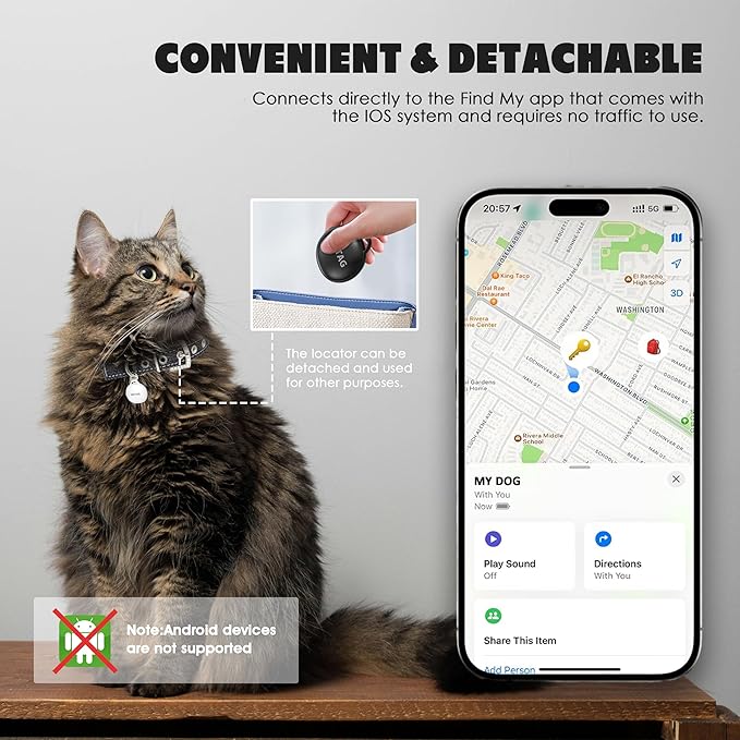 Cat Tracker GPS Collar No Monthly Fee, Real-Time Mini Pet Tracker for Small Medium Large Kittens, Reflective Waterproof Cat Tracking Collar with Bell, Indoor & Outdoor (Only for iOS)