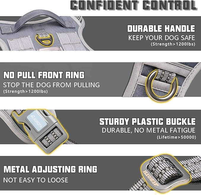 Auroth Tactical Dog Harness for Small Medium Dogs No Pull Adjustable Pet Harness Reflective K9 Working Training Easy Control Pet Vest Military Service Dog Harnesses Grey M