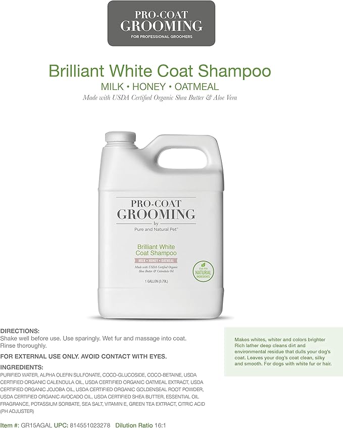 Pro-Coat Grooming Brilliant White Coat Shampoo (Oatmeal, Milk, & Honey) 1 Gallon