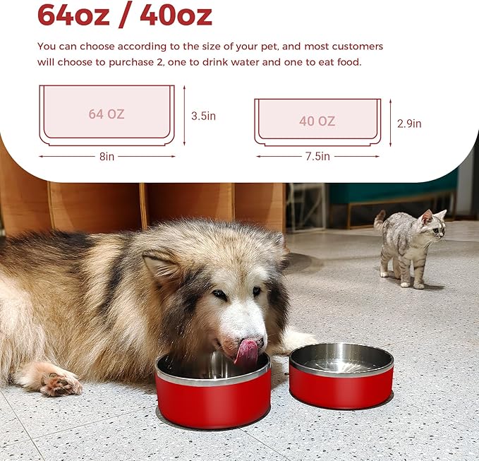 Dog Bowl, Stainless Steel Dog Food and Water Bowl with Non Slip Quiet Bottom, Easy to Clean, Dishwasher Safe, 64oz, Red