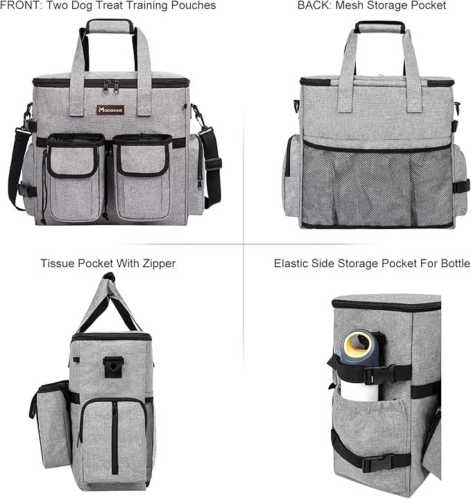 Airline Approved Dog Travel Bag with 2 Dog Treat Training Pouches, Dog Tote Organizer for Weekend Pet Travel Supplies & Accessories, 2 Collapsible Dog Bowls, 2 Travel Dog Food Container (Grey)