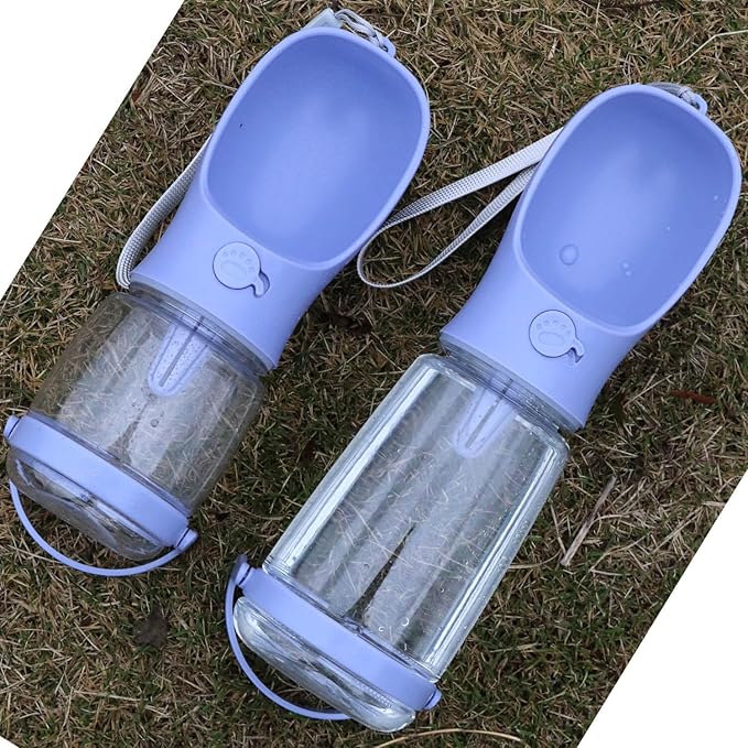 Dog Water Bottle with Food Container Holder, Travel Puppy Drinking Bowl, Portable Pet Water Dispenser, Patented Design, Food Grade Plastic 12 oz Water Bottle+100g Snack cans