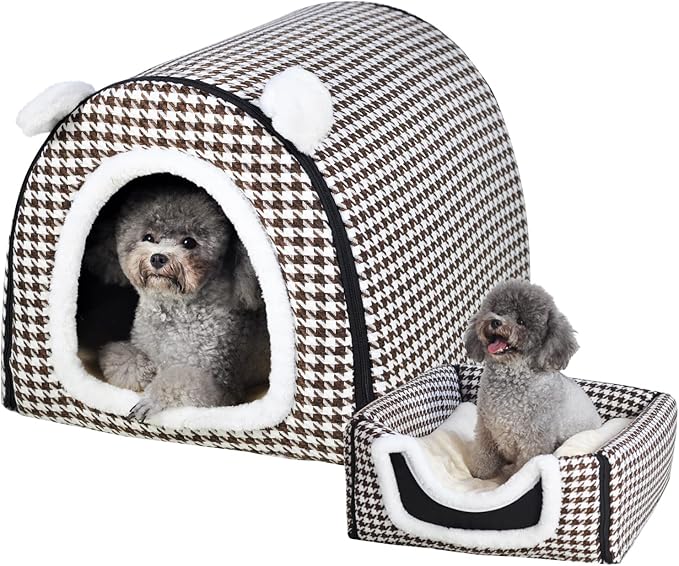 Dog Bed or Cat Bed,2 Ways to Use,Indoor Pet House with Fluffy Mat,Removable and Washable Cover,Non-Slip Bottom,for Medium Dogs and Cats(L Brown Cranes)