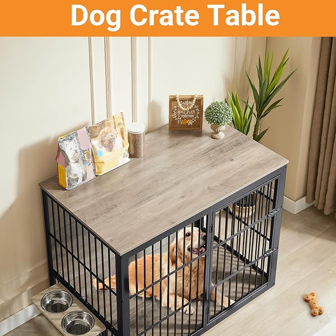 Dog Crate Furniture, 48 Inch Dog Kennel Furniture, Wooden 𝐃og Crate Furniture Large Breed with Rotating 𝘋og Bowls, Heavy Duty 𝗗og Cage Furniture Indoor,Decorative Dogs Crates End Table,Gray