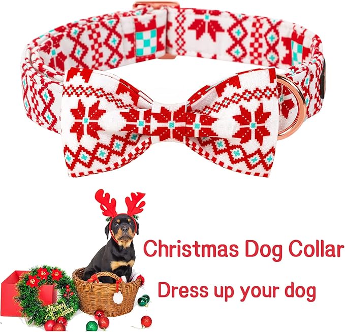 Unique style paws Christmas Dog Collar with Bow Tie Red White Grid Cotton Collar Adjustable Puppy Plaid Collar for Small Medium Large Dogs-XS