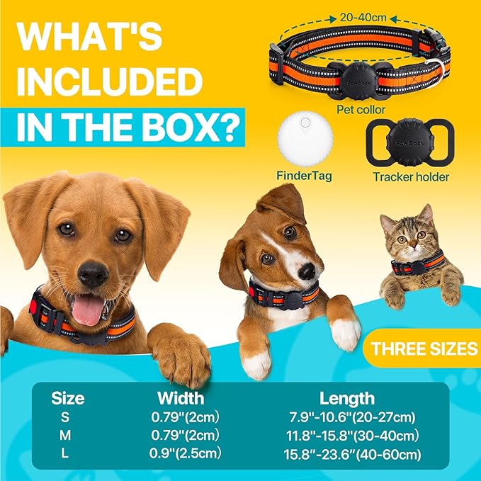 Dog Tracker Collar, No Monthly Fee Cat Tracker Collar(Only iOS), Compatible with Apple FindMy App, Reflective FinderTag Smart Collars, Anti-Lost, Key Finder for Pets/Items（NOT GPS）