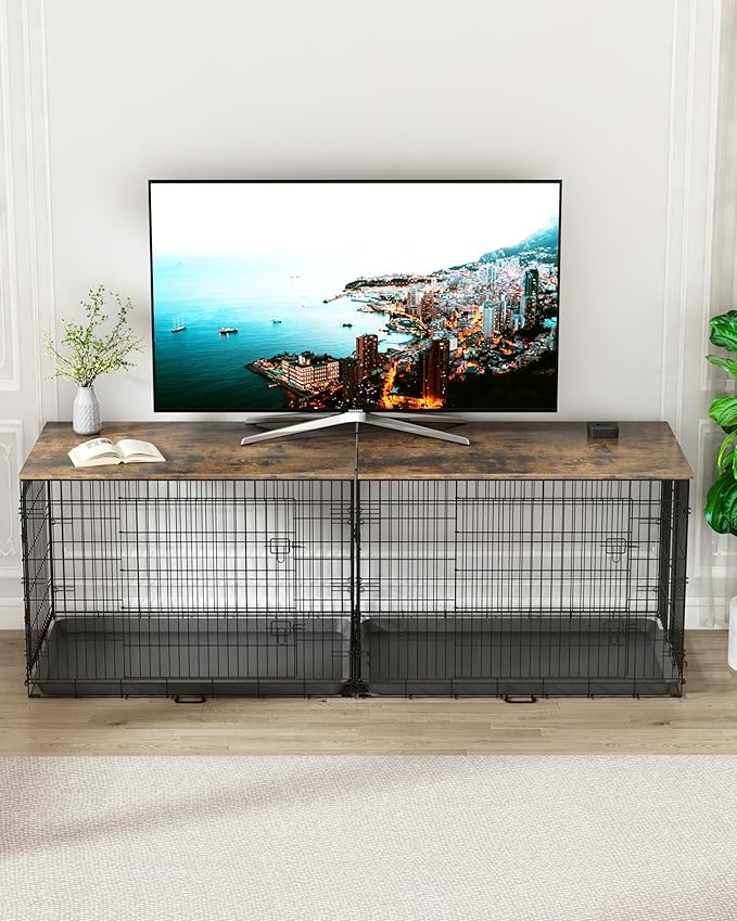 Piskyet Dog Crate Topper Wood Countertop for 48 42 36 30 24 inch Dog Cage, Dog Crate Cover,Dog Kennel Topper(Crate Not Include) (Rustic Brown, for 48 Inch Crate)