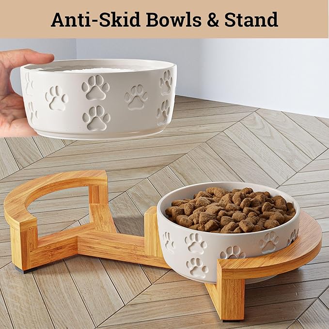 Ceramic Dog Bowls with Stand - Small Dog Bowl Set with Stand Non-Slip - 2 Ceramic Dishes with Anti-Skid Bamboo Stand for Small Dogs - Elevated Dog Bowls Set of 2 - Raised Pet Feeding Station