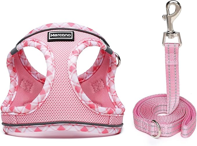 Mercano Soft Mesh Dog Harness and Leash Set, No-Chock Step-in Reflective Breathable Lightweight Easy Walk Escape Proof Vest Harnesses with Safety Buckle for Small Medium Dogs, Cats (Pink, XL)