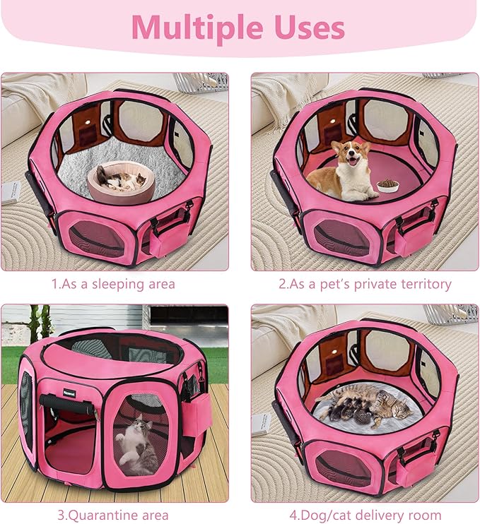 Dog Playpen, Cat Dog Crate Portable Pet Exercise Cage Kennel House Puppy Playpen Animal Playpen Indoor/Outdoor, Water-Resistant Kennel Tent with Traveling Bag (Pink, Medium)