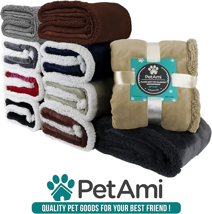 PetAmi WATERPROOF Dog Blanket for Bed, XL Dog Pet Blanket Couch Cover Protector, Sherpa Fleece Leakproof Blanket for Crate Kennel Sofa Furniture Queen Bed Protection Reversible Soft 90x90 Brown Brown