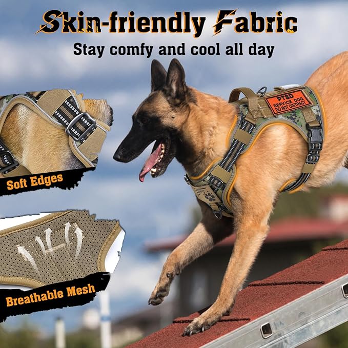 rabbitgoo Dog Harness Small Sized No Pull, Tactical Service Dog Vest with Molle and Control Handle, Adjustable and Reflective Military Pet Harness for Easy Walking and Training, Brown camo, S