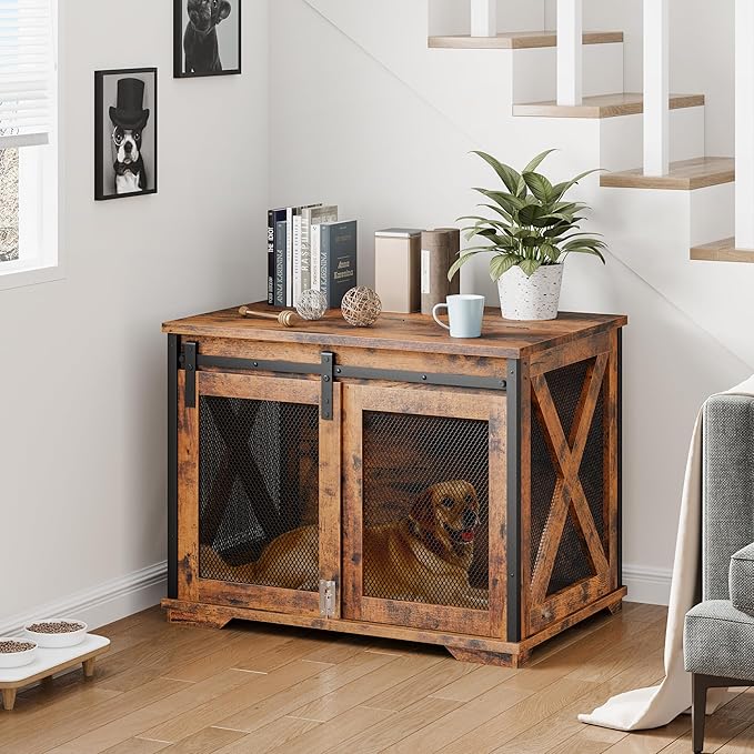 GAOMON Sliding Doors Dog Crate Furniture，Indoor Wooden Dog Crate Furniture with End Table and Flip-top Plate，Detachable Divider for Dog Kennel,Dog House, Rustic Brown