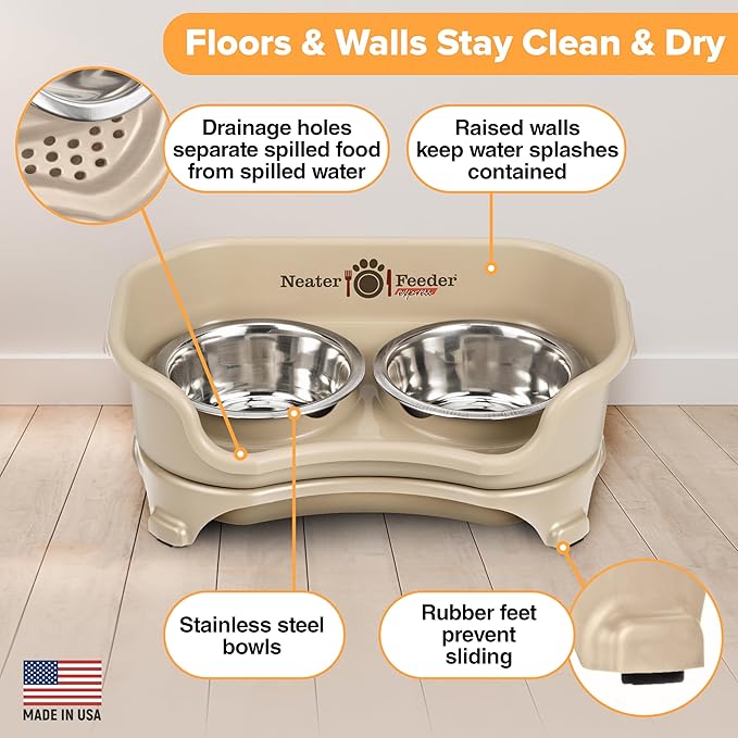 Neater Feeder Express Mess Proof Cat Bowls Elevated, No Spill Cat Feeding Station, Stainless Steel Cat Dishes for Food and Water, Raised Cat Bowls for Indoor Cats, Whisker Friendly Bowls, Almond
