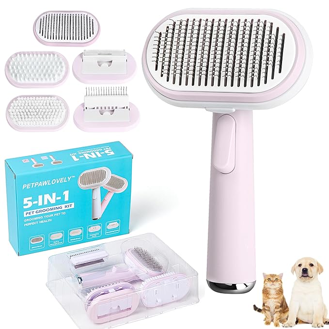 5 IN 1 Pet Grooming Kit,Dog&Cat Self Cleaning Slicker Brush for Shedding.Dematting&Deshedding&Undercoat Dog Brush,Dog Hair Brush,Suitable for Small&Large,Long&Short Haired Pets.(Pink)