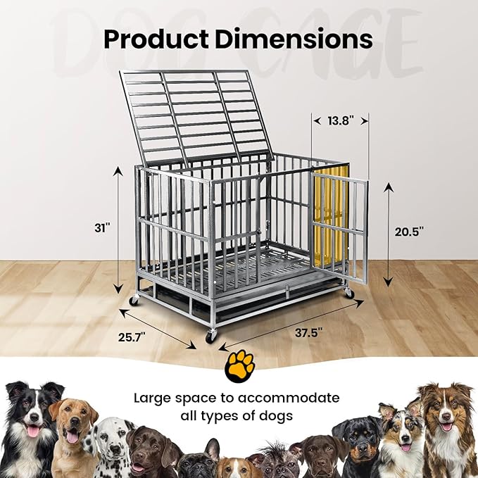 38 inch Heavy Duty Indestructible Dog Crate,2025 New Upgraded Reinforced Baseplate for Large Dogs,XL Dog Crate for High Anxiety Dogs/Max Load Capacity 200lbs/Double Door with Wheels（Silver）
