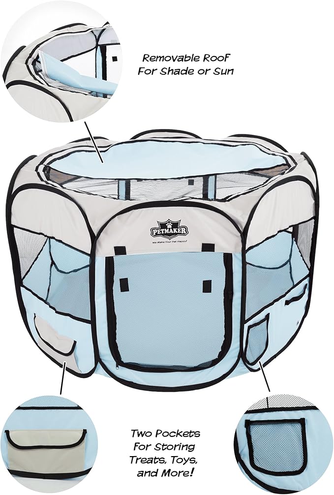 Pop-Up Pet Playpen - 38-Inch Indoor and Outdoor Dog Kennel with Carrying Bag - Portable Pet Enclosure for Dogs and Small Animals by PETMAKER (Blue)