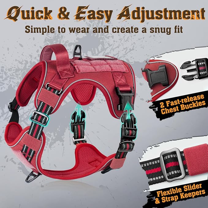 rabbitgoo Dog Harness for Large Dogs No Pull, Tactical Service Dog Vest with Molle and Control Handle, Adjustable and Reflective Military Pet Harness for Easy Walking and Training, Red, XL