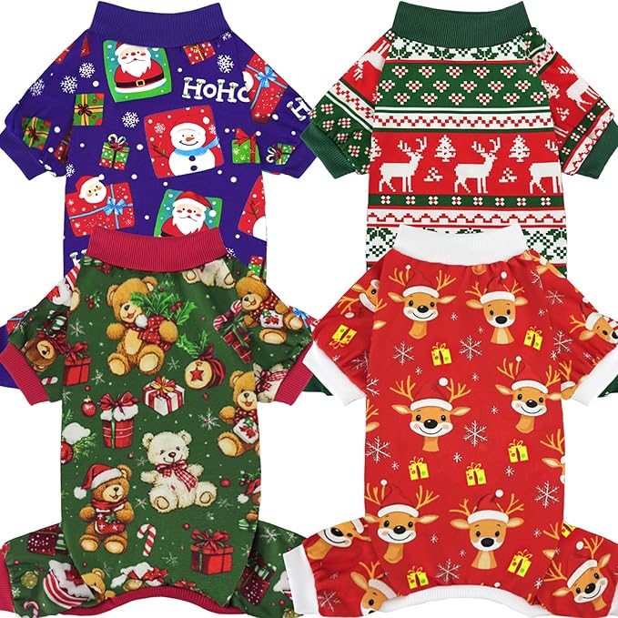 XPUDAC 4 Pieces Dog Pajamas for Small Dogs Pjs Clothes Puppy Onesies Outfits for Doggie Christmas Shirts Sleeper for Pet