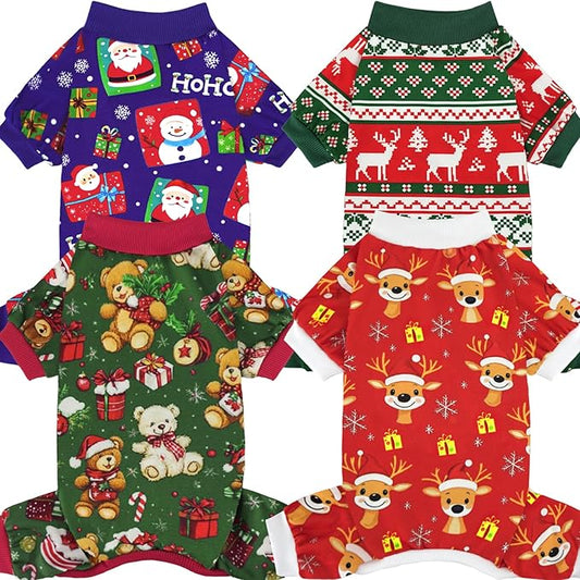 XPUDAC 4 Pieces Dog Pajamas for Small Dogs Pjs Clothes Puppy Onesies Outfits for Doggie Christmas Shirts Sleeper for Pet