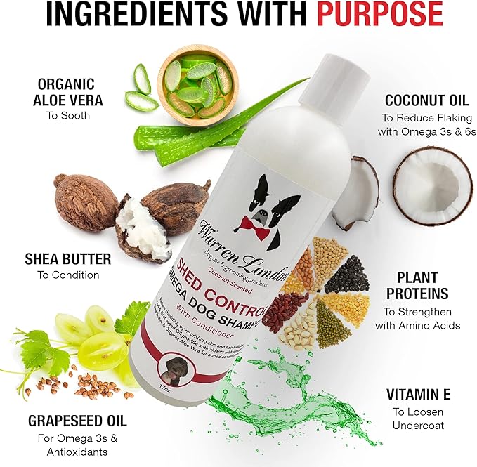 Warren London Shed Control Dog Shampoo for Shedding | 2-in-1 Dog DeShedding Shampoo and Conditioner | Nourishes Hair Follicles w/Grapeseed & Coconut Oil | Anti Shedding Shampoo for Dogs | 17oz