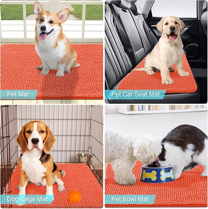 OLANLY Dog Door Mat for Muddy Paws 36x24, Absorbs Moisture and Dirt, Absorbent Non-Slip Washable Mat, Quick Dry Chenille, Mud Mat for Dogs, Entry Indoor Door Mat for Inside Floor, Coral