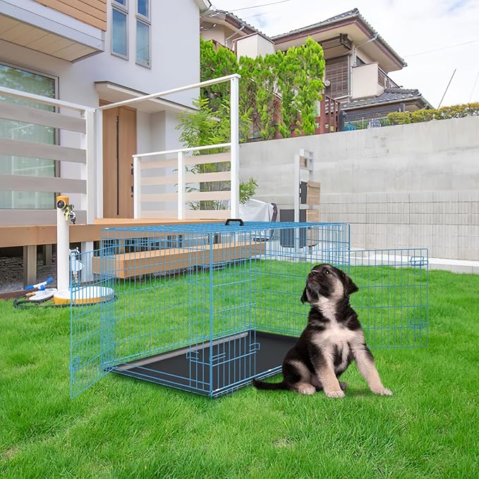 PayLessHere Large Dog Crate Kennel for Medium Large Dogs 24 inches Metal Dog Cage Double-Door Folding Travel Indoor Outdoor Puppy Playpen with Divider and Handle Plastic Tray,Blue