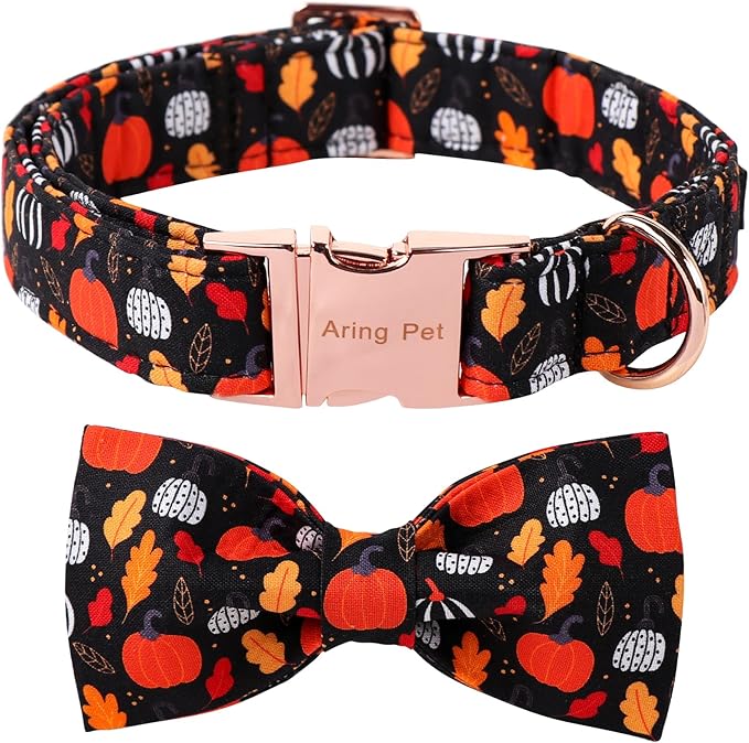 ARING PET Halloween Dog Collar-Cotton Black Pumpkin Dog Collar with Bow, Adjustable Fall Leaves Bowtie Dog Collars Pet Necklace with Metal Buckle for Girl&Boy Dogs