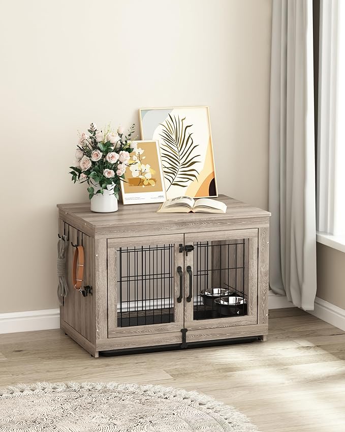 Piskyet Wooden Dog Crate Furniture with 360°Rotatable Removable Dog Bowls, Dog Crate End Table with Tray, Double Doors Dog Kennels for Dogs(M:31.8" L*22.1" W*24.1" H, Gray)