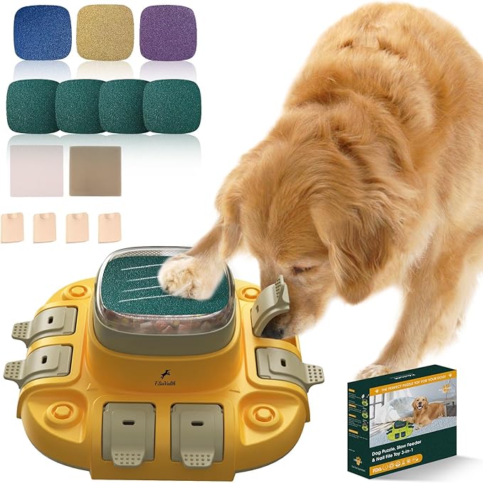 Dog Scratch Board, 3-in-1 Puzzle Toy & Dog Nail File, Enrichment Toys with Treat Dispenser, Scratch Pad for Nails with 8 Sandpapers & Anti-Slip Mat for All Floors, Yellow