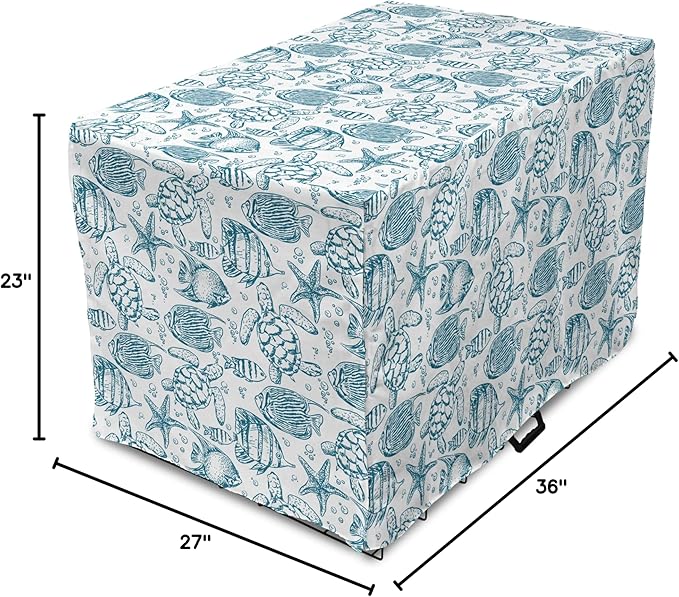 Lunarable Under The Sea Dog Crate Cover, Hand Drawn Sketch Art Style Fauna of The Sea Turtle Starfish and Fishes, Easy to Use Pet Kennel Cover for Medium Large Dogs, 36 Inch, Blue White