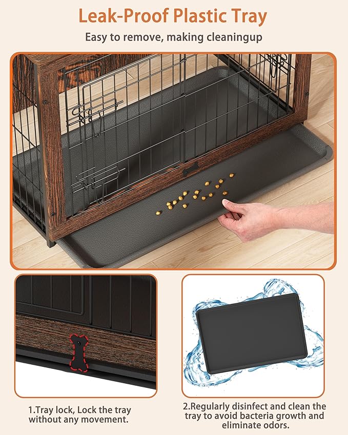 Megidok Wooden Dog Crate Furniture with Cushion, Dog Crate End Table with Tray, Double Doors Dog Crate(M:32"L*22" W*26"H, Rustic Style)