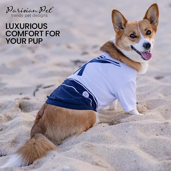 Parisian Pet Blue & White Sailor Dog Shirt - Embroidered Cotton & Polyester Costume - Large Sleeved Dog Clothes