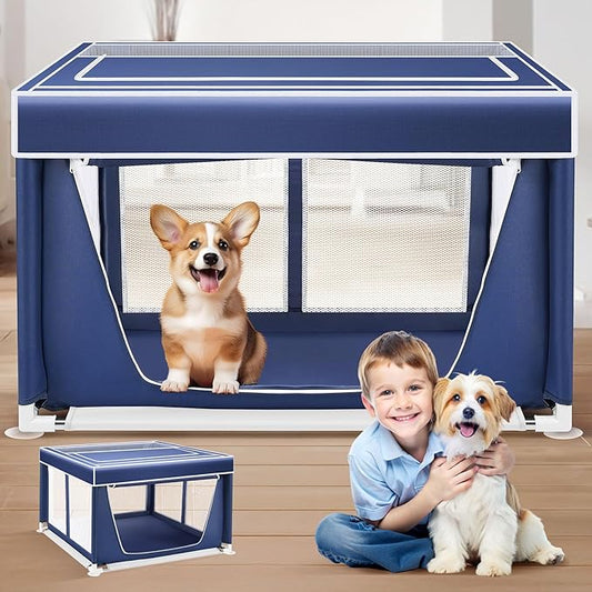 Dog Playpen 42 × 42 Inch,Breathable Puppy PlayPen with Gate and Removable Cover,Thickened Oxford Fabric Dog Play Pen for Indoor & Outdoor,Safe and Sturdy Pet Fence(Blue White)