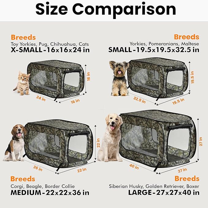 Beatrice Home Fashions Portable, Collapsible, Pop Up Kennel Travel Cat and Dog Crate, 40" L x 27" W x 27" H, Camo Green