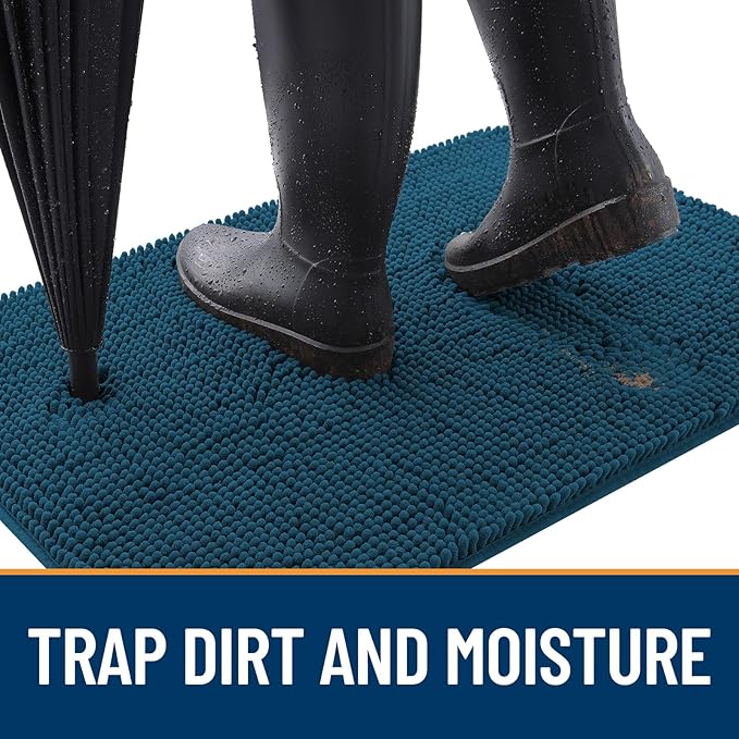 OLANLY Dog Door Mat for Muddy Paws 40x32, Absorbs Moisture and Dirt, Absorbent Non-Slip Washable Mat, Quick Dry Chenille, Mud Mat for Dogs, Entry Indoor Door Mat for Inside Floor, Atlantic Blue